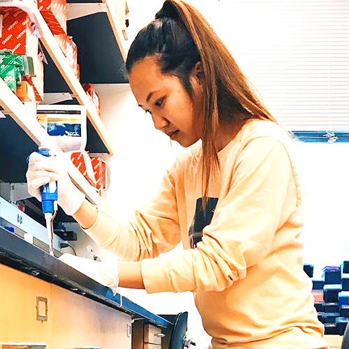 Jasmin Tran, a Neuroscience Major, works in a lab.