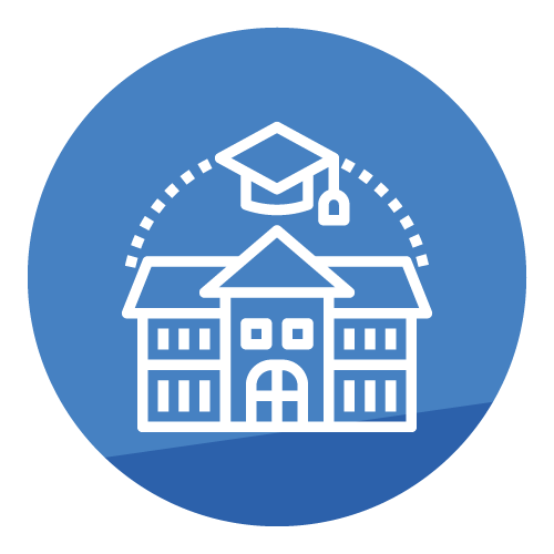 Higher education building with a graduation cap above it